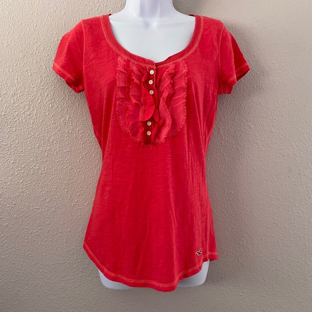 Y2K Hollister Red Tee Medium 100% Cotton Ruffle Preppy 2000s Feminine Girly